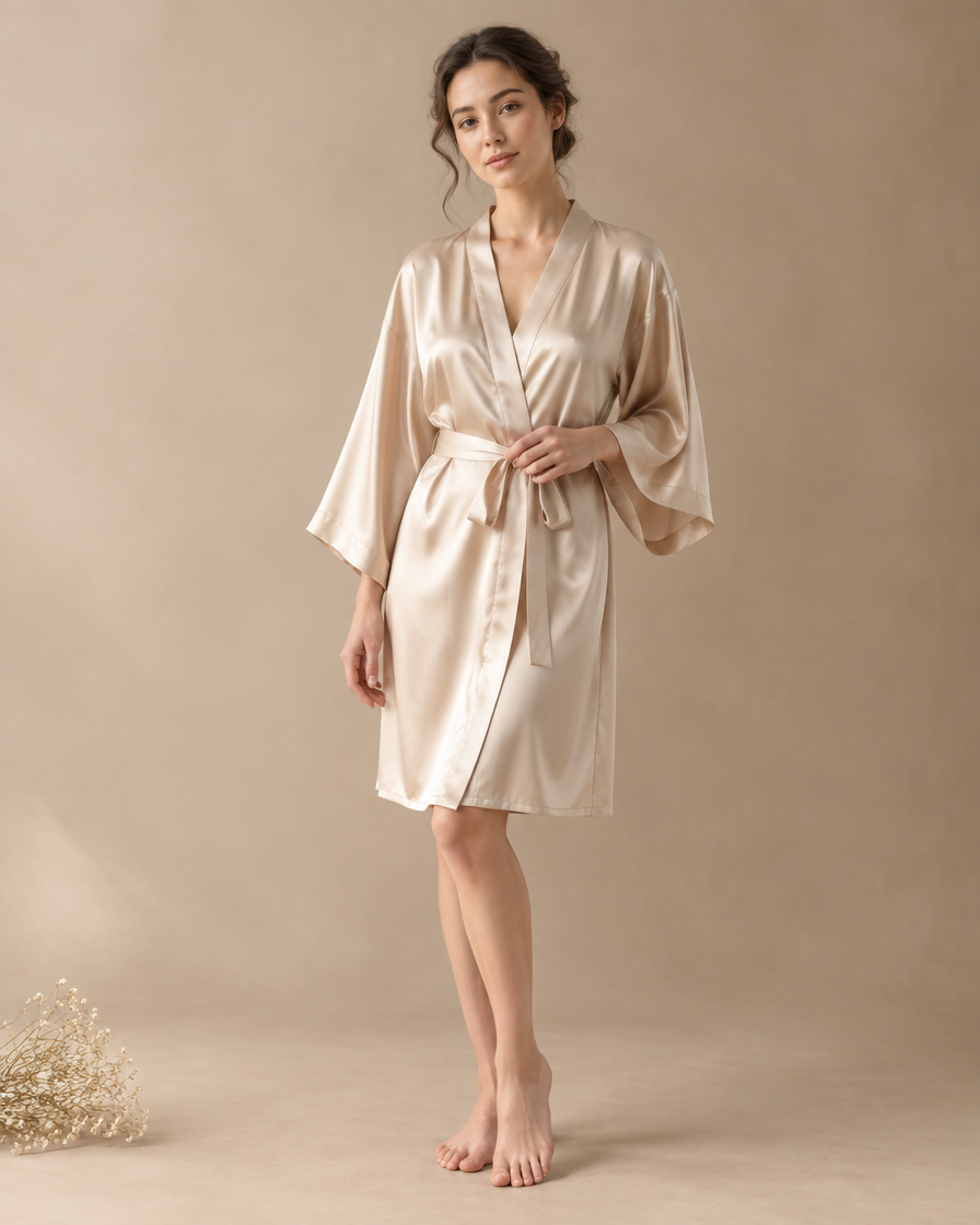 VietLua Kimono aus 100 % Maulbeerseide (Champagner)