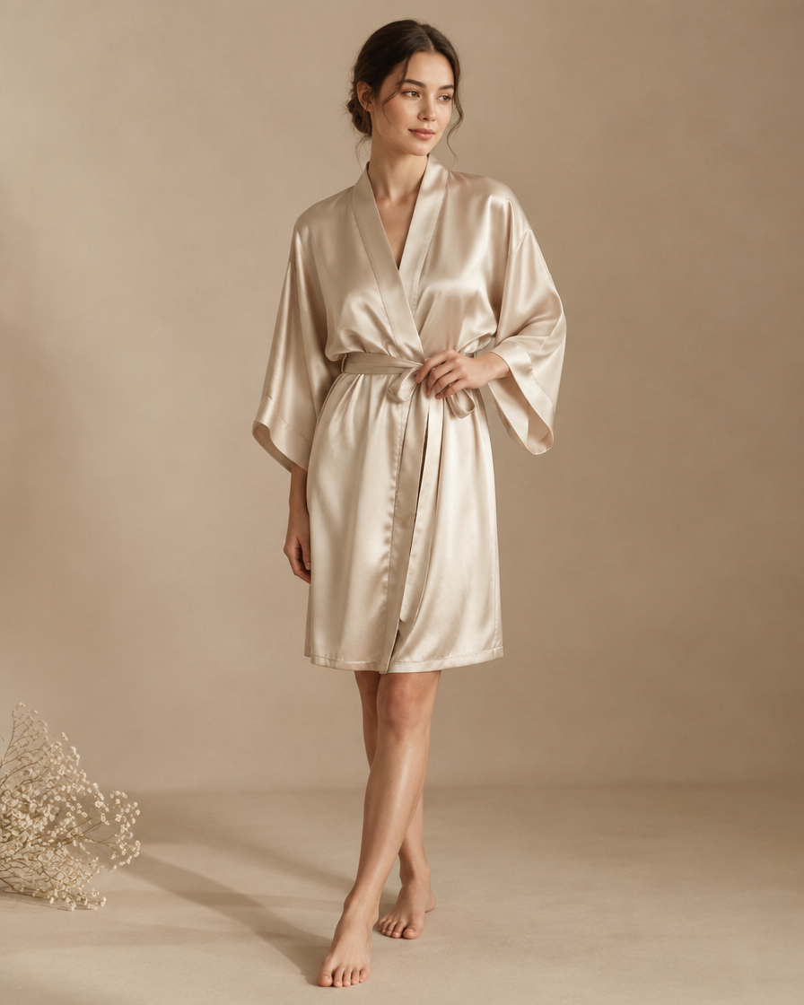 VietLua Kimono aus 100 % Maulbeerseide (Champagner)