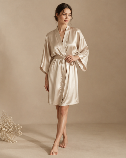 VietLua Kimono aus 100 % Maulbeerseide (Champagner)